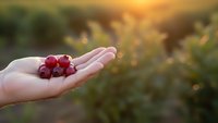 Hand holding fresh red cherries in palm with warm golden sunlight and blurred natural background for healthy eating and organic fruit concepts.