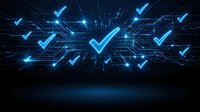 Digital checkmarks floating in futuristic cyber space with glowing blue light rays and network connections for business verification concepts.