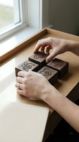 Hands arranging wooden blocks with botanical leaf patterns on natural wood surface near window for creative design and crafting projects.