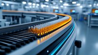 Modern automated conveyor belt system with LED lighting in industrial warehouse facility for logistics and manufacturing operations.