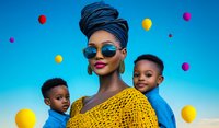 African woman in yellow crochet top and blue turban with sunglasses poses with two children against vibrant blue sky background with floating colorful balloons.