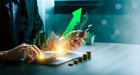 Business professional analyzing financial growth data with green arrow chart overlay showing upward trend and profit increase on digital tablet.