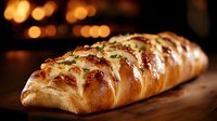 Freshly baked braided bread loaf with golden crust and herbs on wooden surface with warm bokeh lights creating cozy bakery atmosphere for culinary designs.