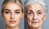 Aging process comparison showing young woman with smooth skin and elderly woman with natural wrinkles, side by side portrait on gray background.