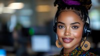 Young African American woman customer service representative wearing headset with colorful braided hair and gold earrings in modern office environment.