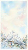 Two white doves perched on a flowering branch with soft watercolor sky background. Suitable for wedding invitations, greeting cards, and peaceful nature designs.
