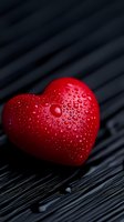 Red heart with water droplets on dark wooden surface for romantic Valentine's Day love concept and emotional wellness designs.