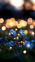 Delicate blue spring flowers illuminated by soft golden bokeh lights creating magical evening atmosphere in garden, nature photography for seasonal backgrounds.