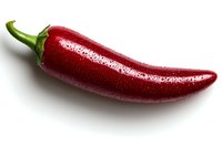 Fresh red chili pepper with water drops isolated on white background, ready for food packaging design and culinary projects.