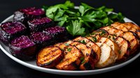 Grilled chicken breast slices with roasted purple beets and fresh parsley on white plate against dark background, healthy protein dinner meal.