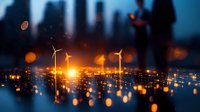 Illuminated wind turbines silhouetted against night city skyline with bokeh light effects and reflections creating atmospheric renewable energy scene.