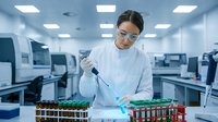 Asian female scientist in white lab coat conducting research with test tubes in modern laboratory facility for medical analysis.