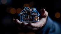 Glowing house-shaped circuit board held in palm against dark background with bokeh lights, representing smart home technology and digital transformation.