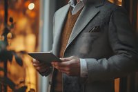 Businessman in gray suit and brown sweater holding digital tablet against blurred warm evening lights background, creating professional atmosphere.