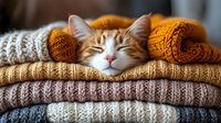Adorable orange tabby kitten sleeping peacefully on stack of cozy knitted sweaters. Warm autumn colors create comfortable domestic scene for home decor projects.
