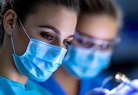 Young female medical professional in surgical mask with focused gaze during medical procedure, colleague working in background. Blue tinted medical setting.
