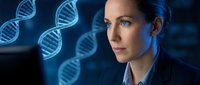 Woman scientist with blue eyes and light skin tone examining glowing DNA helix molecules in laboratory setting, representing genetic research, biotechnology, and medical innovation.