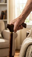 Senior man's weathered hand gripping wooden walking cane in cozy home interior for elderly care and mobility assistance concepts.