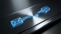 Digital email communication concept with glowing blue envelope icons and lightning connection on modern metallic surface for technology designs.