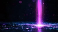 Glowing purple light beam rising from reflective surface with particles and bokeh effects against dark background creates mystical atmospheric scene.