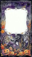 Halloween watercolor frame with pumpkins, haunted house, bats, ghosts and autumn leaves on purple starry night sky background for party invitations.