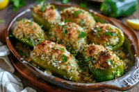 Stuffed jalapeno peppers with crispy breadcrumb topping and fresh herbs served in rustic ceramic dish, garnished with parsley and lemon for appetizer or party snack.