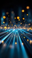 Glowing blue light rays with golden bokeh particles floating in dark space create magical atmosphere for festive backgrounds and holiday designs.