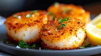 Pan-seared scallops with golden-brown crust garnished with fresh herbs and lemon wedges on gray plate, close up view showing texture and caramelization.