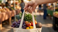 Hand holding canvas tote bag filled with fresh produce including grapes, tomatoes, and leafy greens at outdoor farmers market with blurred crowd background.