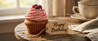 Cupcake with pink frosting and fresh berries on a rustic wooden table with a Happy Birthday tag in warm natural light.