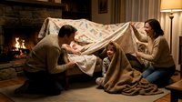 Happy family building blanket fort in cozy living room with fireplace. Parents and children creating magical hideaway for quality time together at home.