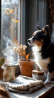 Tricolor border collie dog sitting by window with steaming coffee cup and autumn decorations, cozy home atmosphere with morning light and fall leaves.