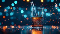 Sparkling drink in square glass with straw against dark background with colorful bokeh lights creating festive atmosphere. Refreshing beverage with bubbles.