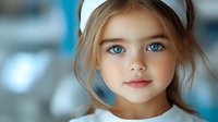 Young girl with striking blue eyes and light brown hair wearing white headband, soft portrait against blurred blue background, gentle natural lighting creates dreamy atmosphere.