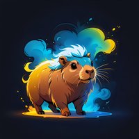 Cute capybara character with magical glowing blue and yellow aura effects on dark background, stylized cartoon rodent with mystical energy flowing around.
