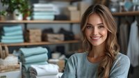 Young Caucasian woman with bright smile wearing casual sweater in cozy home interior with folded towels and storage boxes on wooden shelves in background.