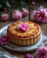 Elegant rose-shaped pastry cake decorated with pink peony flower on vintage floral plate surrounded by blooming peonies for special occasions and celebrations.