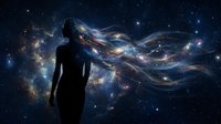 Woman silhouette with flowing cosmic hair against starry space background. Fantasy concept for meditation, dreams, universe connection and spiritual themes.