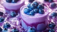 Fresh blueberries on creamy purple yogurt dessert with berry sauce swirl, served in glass jar on dark background with scattered berries and natural light.