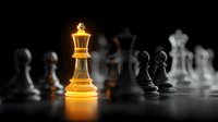 Golden chess king piece glowing on dark board with blurred black and white pieces in background, symbolizing leadership and strategic advantage.