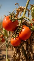 Fresh ripe red tomatoes growing on vine with dried leaves in natural sunlight, close-up view showing texture and natural organic produce in garden setting.