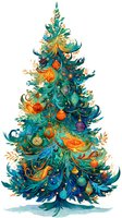 Ornate teal Christmas tree with gold accents, orange ornaments, and decorative birds on white background, perfect for holiday greeting cards and seasonal designs.