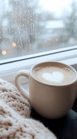 Cozy cup of hot chocolate with heart-shaped foam near rainy window, warm knit sweater on windowsill. Soft bokeh lights create romantic winter atmosphere.