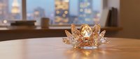 Crystal lotus flower candle holder on wooden table with blurred city lights background. Elegant home decor accent piece for meditation and relaxation spaces.