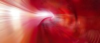 Abstract red tunnel with dynamic light rays and digital grid pattern creating futuristic perspective. Glowing energy waves form modern technological background.