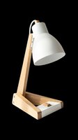 Scandinavian desk lamp with white metal shade and natural wood base, isolated on transparent background. Ready for t-shirt design, clipart, stickers, print-on-demand, and sublimation projects.