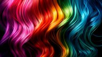Vibrant rainbow colored wavy hair strands flowing in smooth curves against dark background, featuring bright spectrum from purple through red, yellow, green to blue.