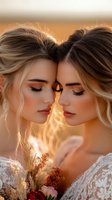 Two young Caucasian women in white lace dresses sharing intimate moment with foreheads touching during golden hour sunset light creating warm romantic atmosphere.