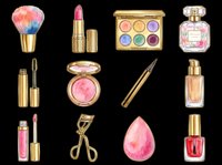 Cosmetic makeup collection with brush, lipstick, eyeshadow palette, perfume bottle, mascara, blush, eyeliner, nail polish, and beauty sponge isolated on transparent background. Ready for t-shirt design, clipart, stickers, and print-on-demand products.