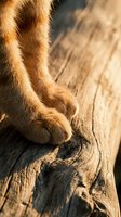 Close-up of ginger cat paws on weathered wooden surface in warm sunlight, suitable for pet care, animal behavior, and lifestyle content.